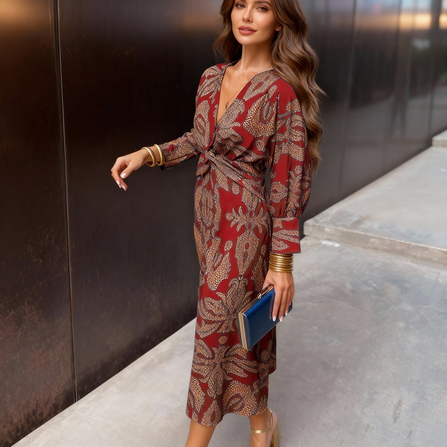 Women’s Burgundy Floral Wrap Midi Dress – V-Neck, Long Sleeve, Twist Waist