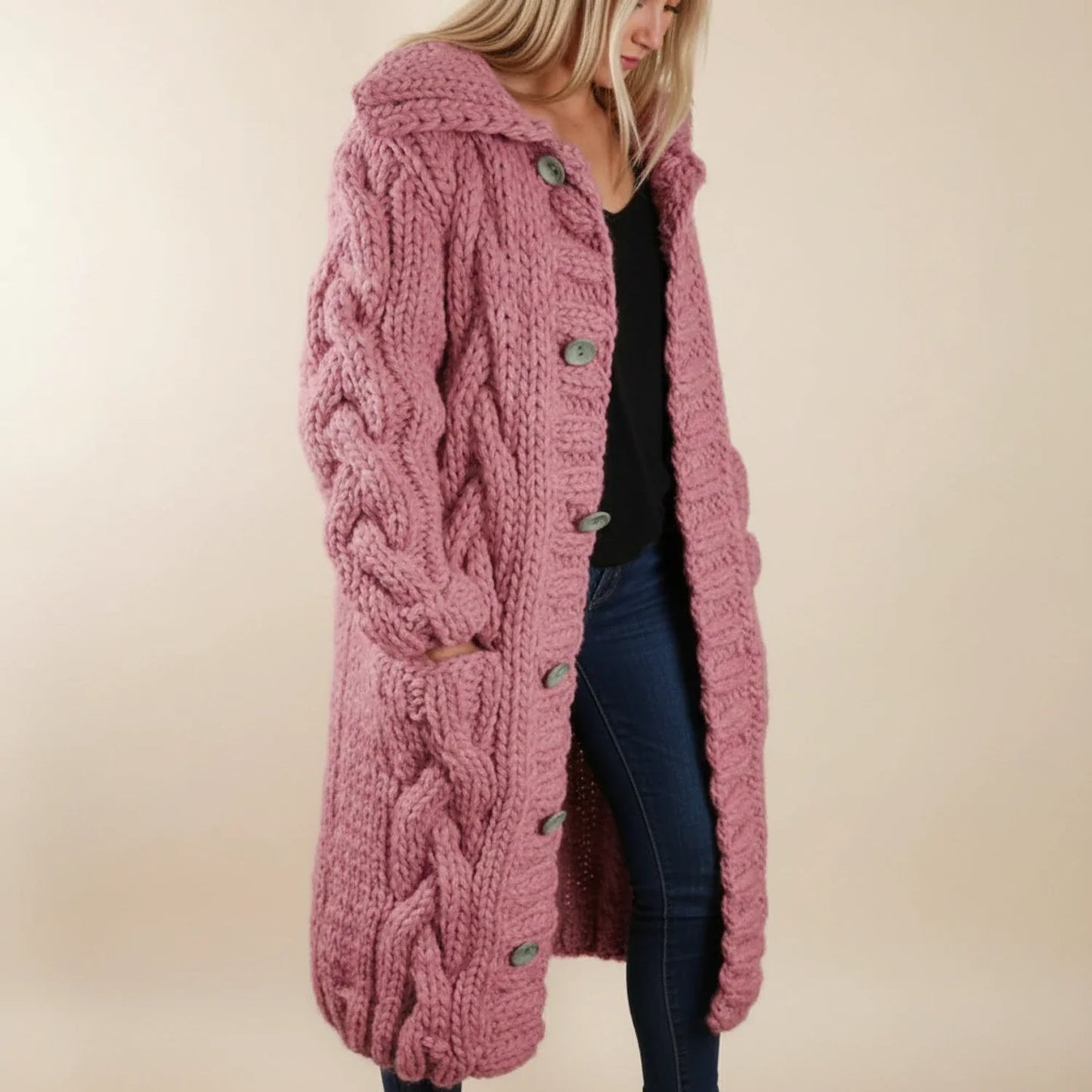 Cozy Cable Knit Hooded Cardigan Coat | Long Button-Up Design