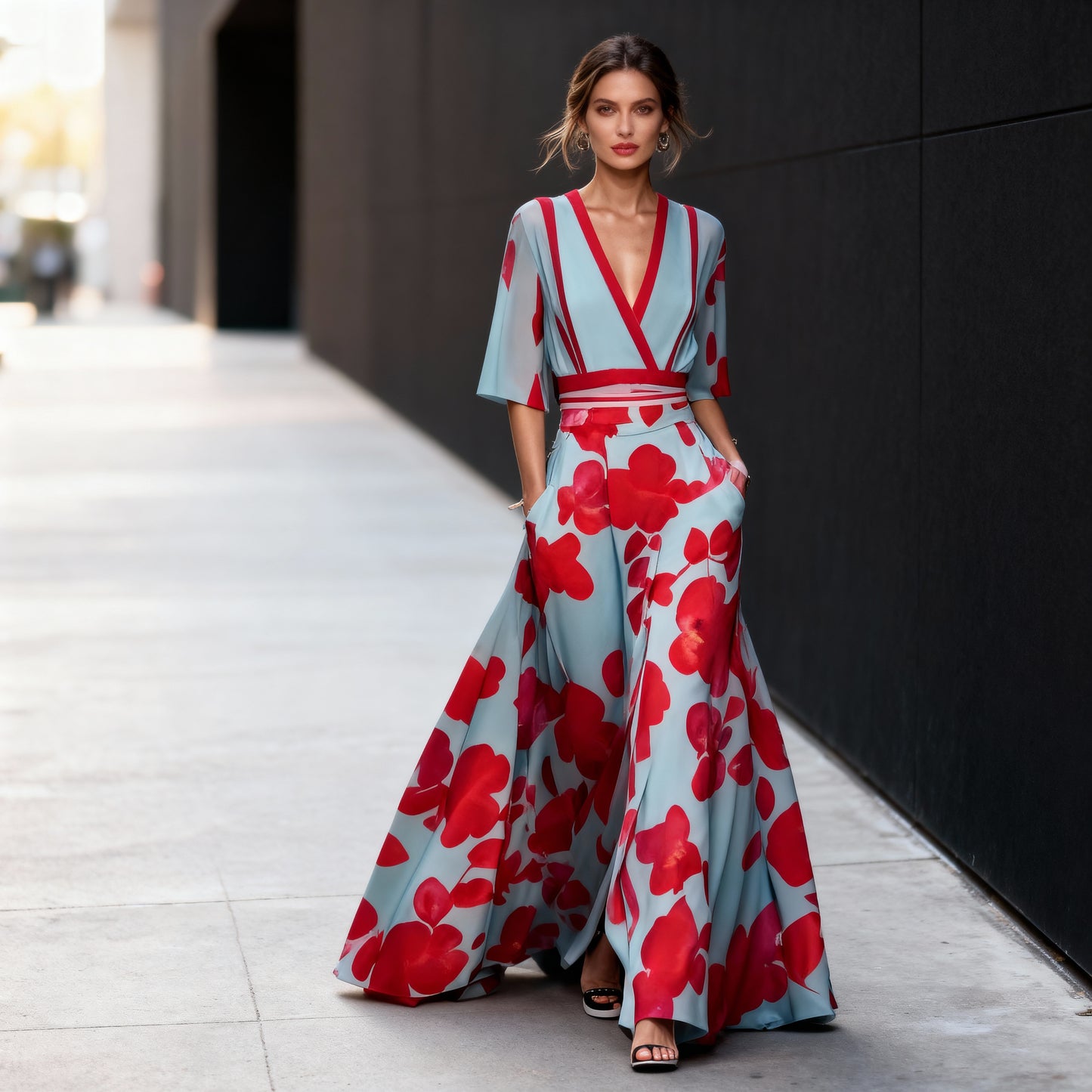 Women’s Light Blue & Red Floral Maxi Dress – Deep V-Neck, Short Sleeve, Contrast Waist