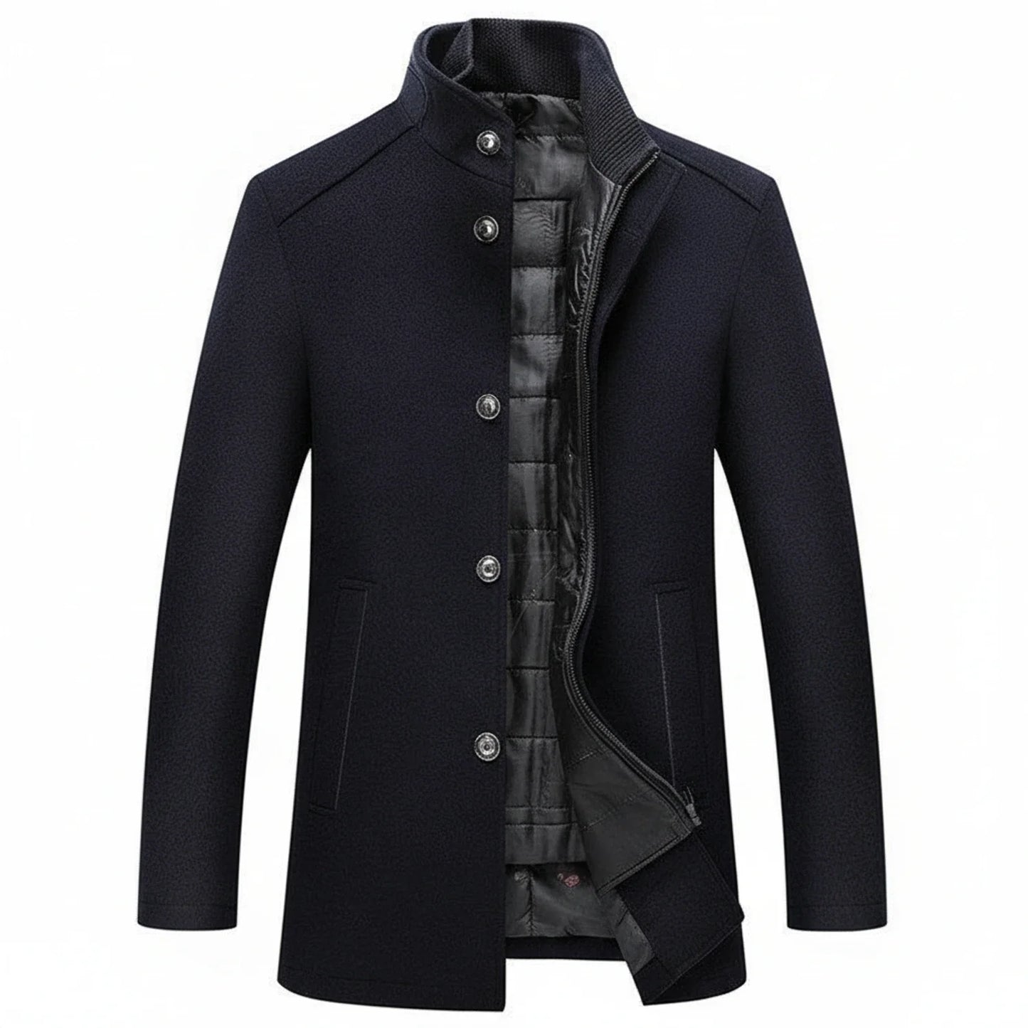 Structured Stand Collar Coat for Men | Modern Button-Up Design