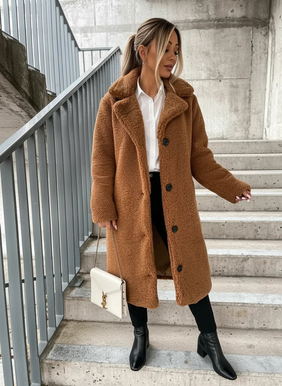 Classic Teddy Coat for Women | Longline Button Front Overcoat