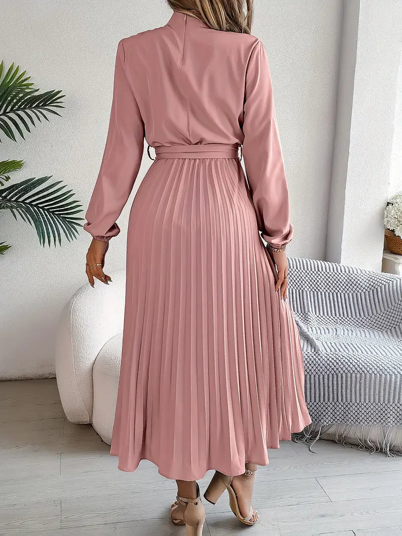 Elegant Midi Dress for Women | High Neck Detail & Pleated Skirt Comfort