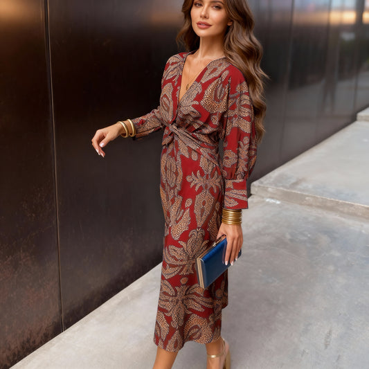 Women’s Burgundy Floral Wrap Midi Dress – V-Neck, Long Sleeve, Twist Waist