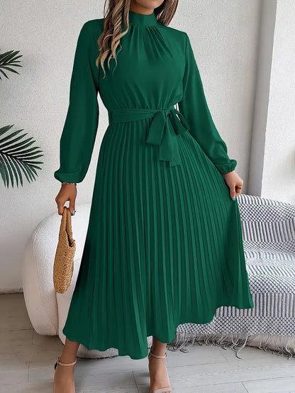 Elegant Midi Dress for Women | High Neck Detail & Pleated Skirt Comfort