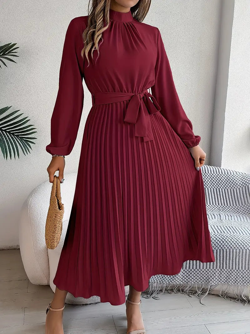 Elegant Midi Dress for Women | High Neck Detail & Pleated Skirt Comfort