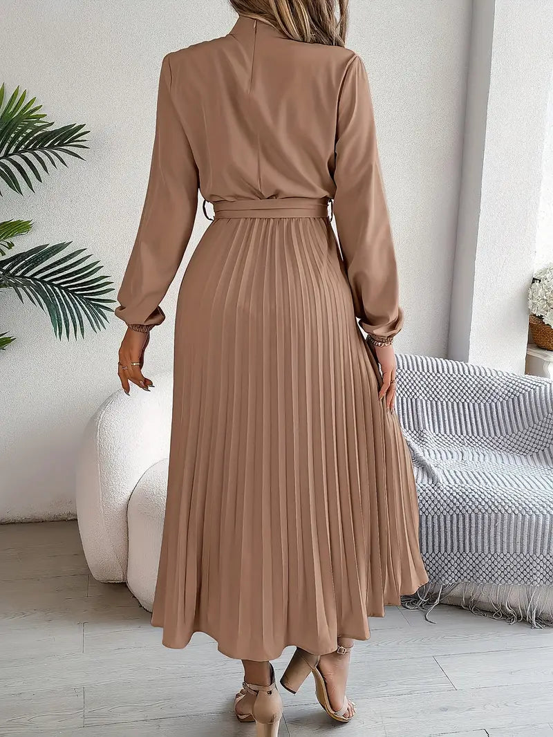 Elegant Midi Dress for Women | High Neck Detail & Pleated Skirt Comfort