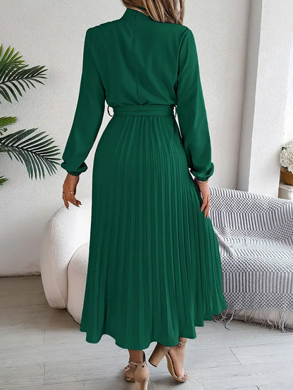 Elegant Midi Dress for Women | High Neck Detail & Pleated Skirt Comfort