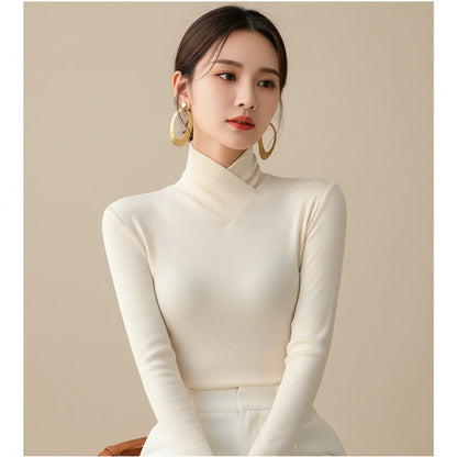 Elegant Ribbed High-Neck Top for Women | Slim Fit Long Sleeve