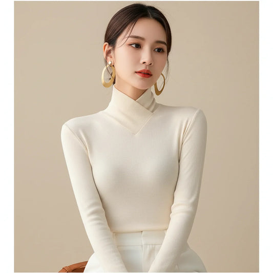 Elegant Ribbed High-Neck Top for Women | Slim Fit Long Sleeve