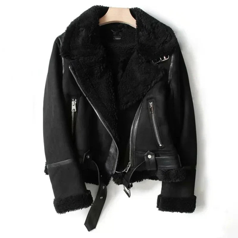 Chic Leather Biker Jacket for Women | Cozy Sherpa Lining & Zip-Up Belted Fit
