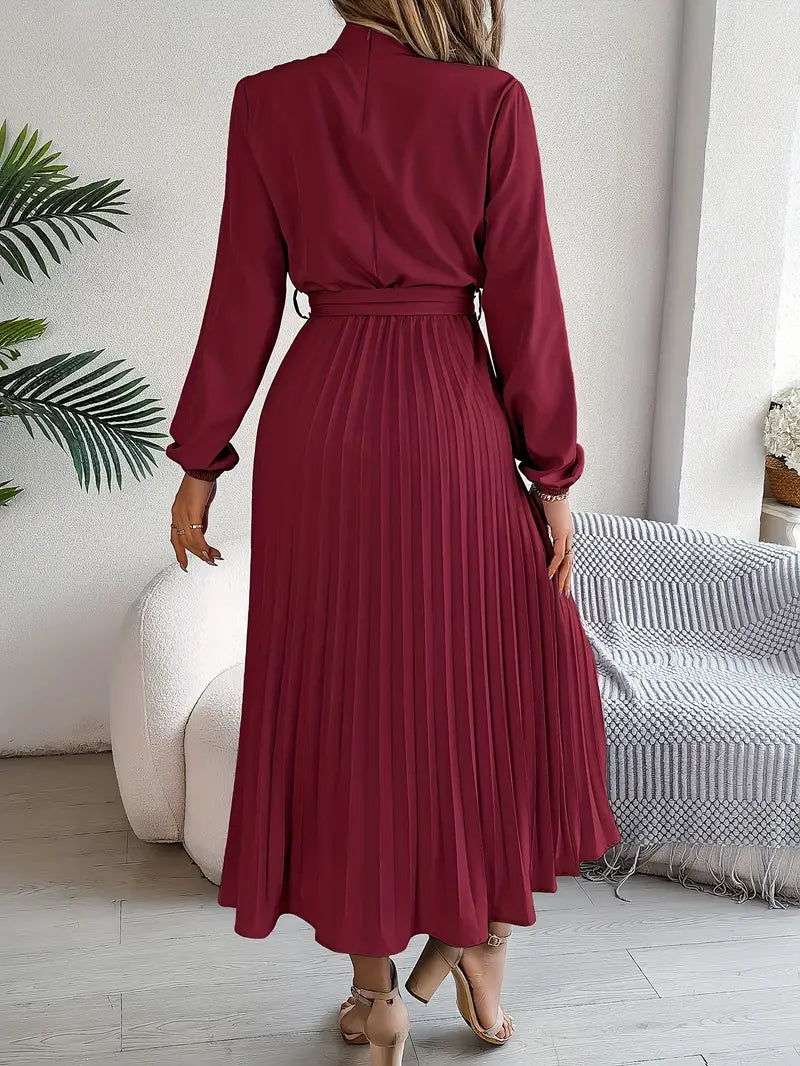 Elegant Midi Dress for Women | High Neck Detail & Pleated Skirt Comfort