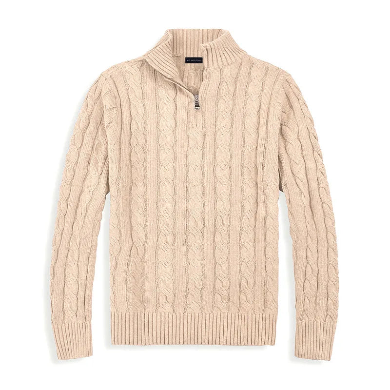 Classic Cable Knit Sweater for Men | Zip-Up High Neck Design