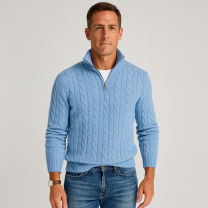 Classic Cable Knit Sweater for Men | Zip-Up High Neck Design