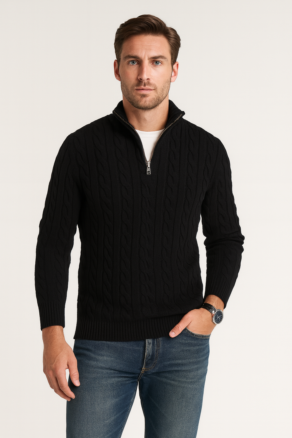 Classic Cable Knit Sweater for Men | Zip-Up High Neck Design