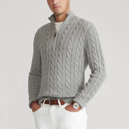Classic Cable Knit Sweater for Men | Zip-Up High Neck Design