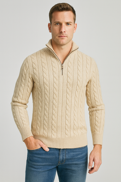 Classic Cable Knit Sweater for Men | Zip-Up High Neck Design