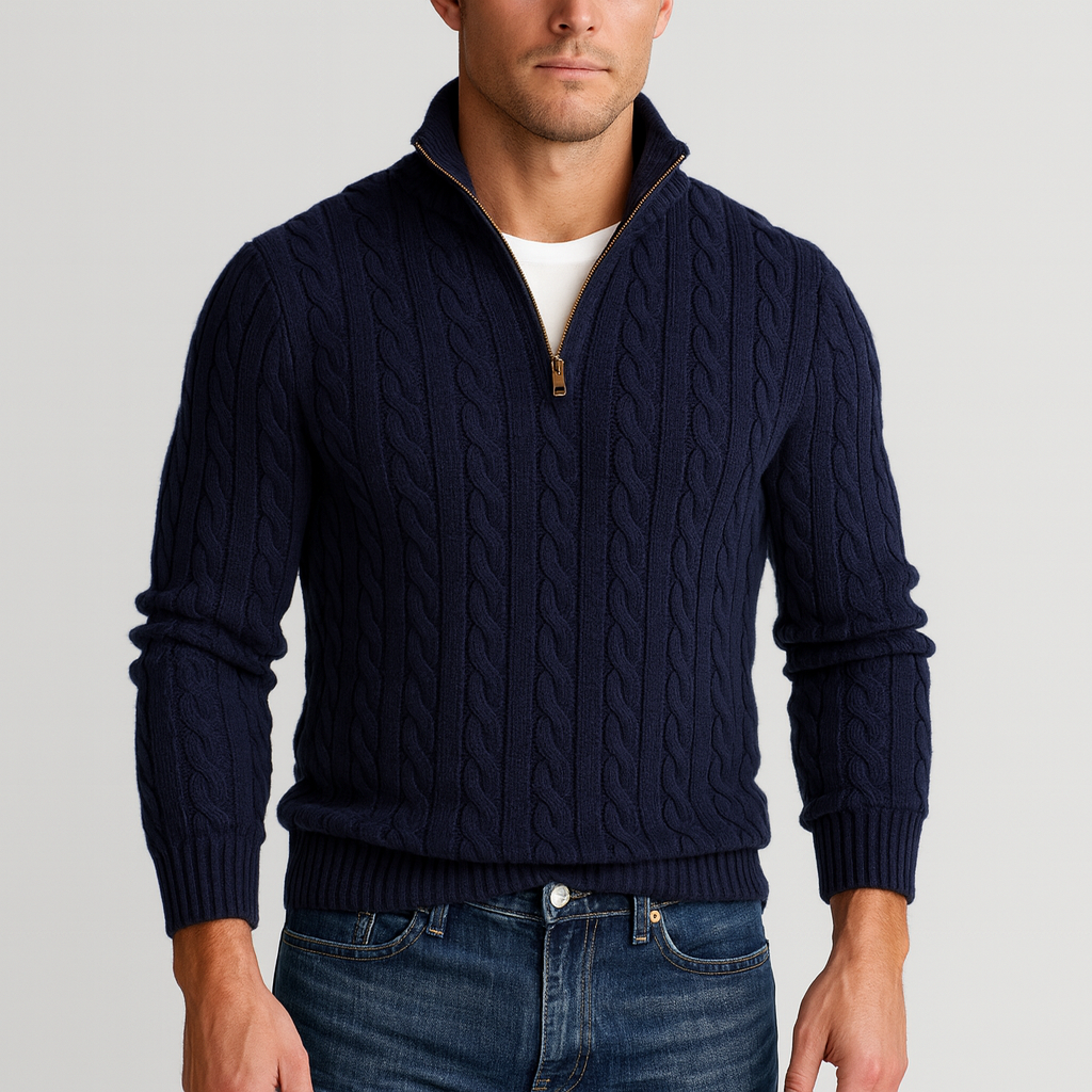 Classic Cable Knit Sweater for Men | Zip-Up High Neck Design