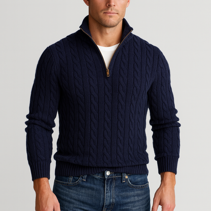 Classic Cable Knit Sweater for Men | Zip-Up High Neck Design