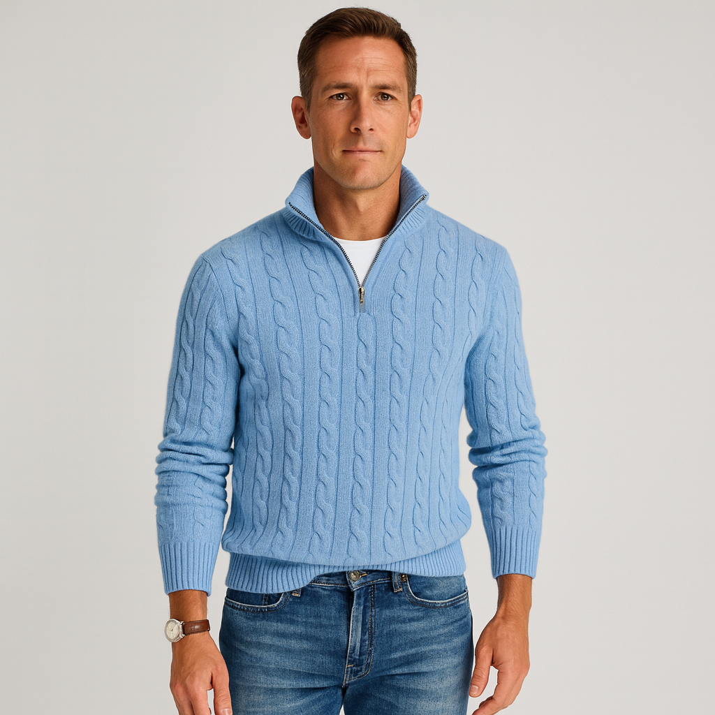 Classic Cable Knit Sweater for Men | Zip-Up High Neck Design