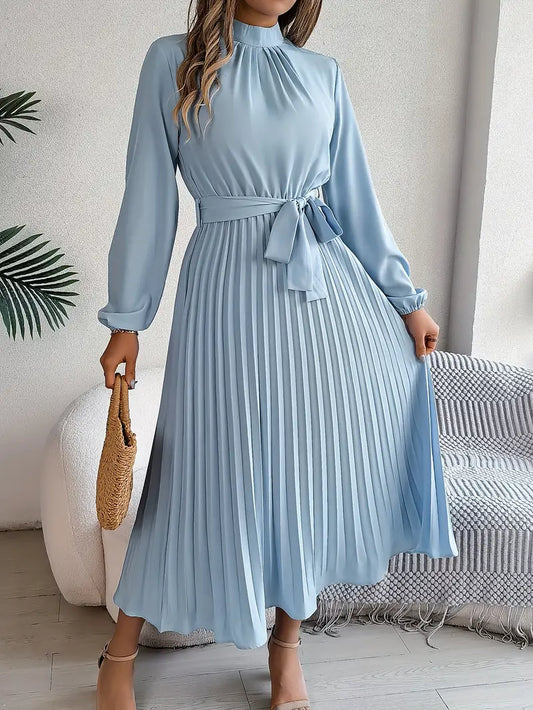 Elegant Midi Dress for Women | High Neck Detail & Pleated Skirt Comfort