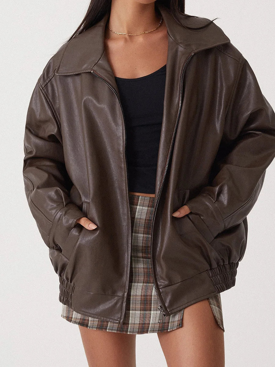 Stylish Leather Jacket for Women | Oversized Zip-Up Layer & Comfortable Relaxed Fit