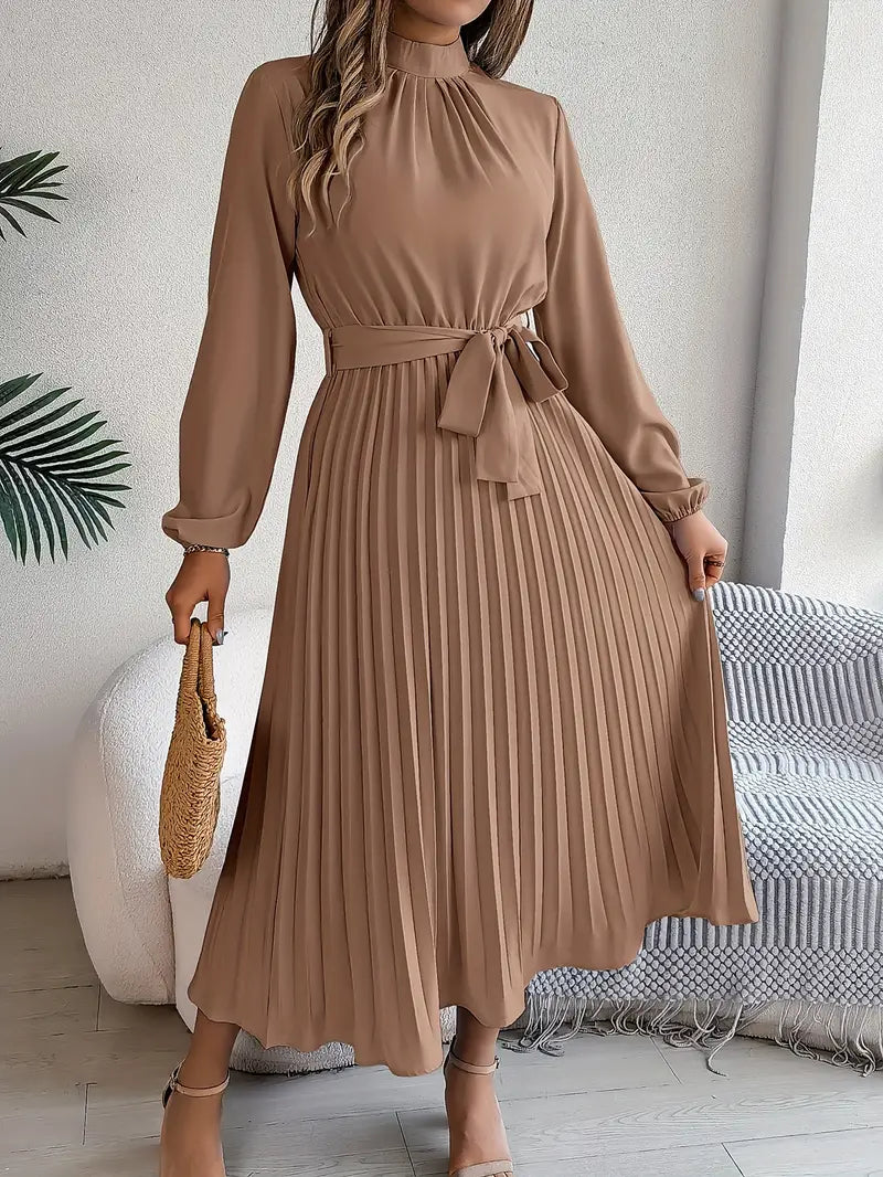 Elegant Midi Dress for Women | High Neck Detail & Pleated Skirt Comfort