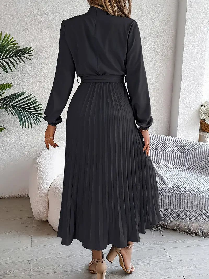 Elegant Midi Dress for Women | High Neck Detail & Pleated Skirt Comfort