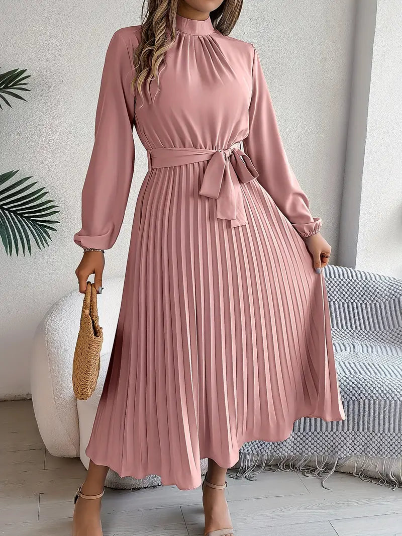 Elegant Midi Dress for Women | High Neck Detail & Pleated Skirt Comfort