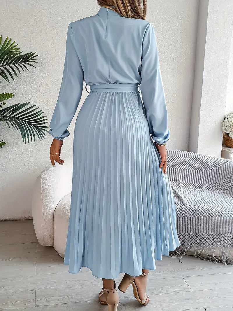 Elegant Midi Dress for Women | High Neck Detail & Pleated Skirt Comfort