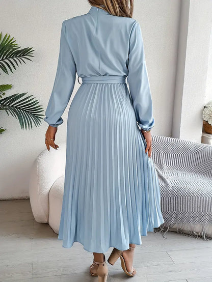Elegant Midi Dress for Women | High Neck Detail & Pleated Skirt Comfort