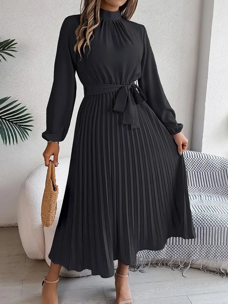 Elegant Midi Dress for Women | High Neck Detail & Pleated Skirt Comfort