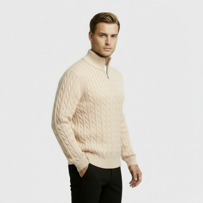 Classic Cable Knit Sweater for Men | Zip-Up High Neck Pullover