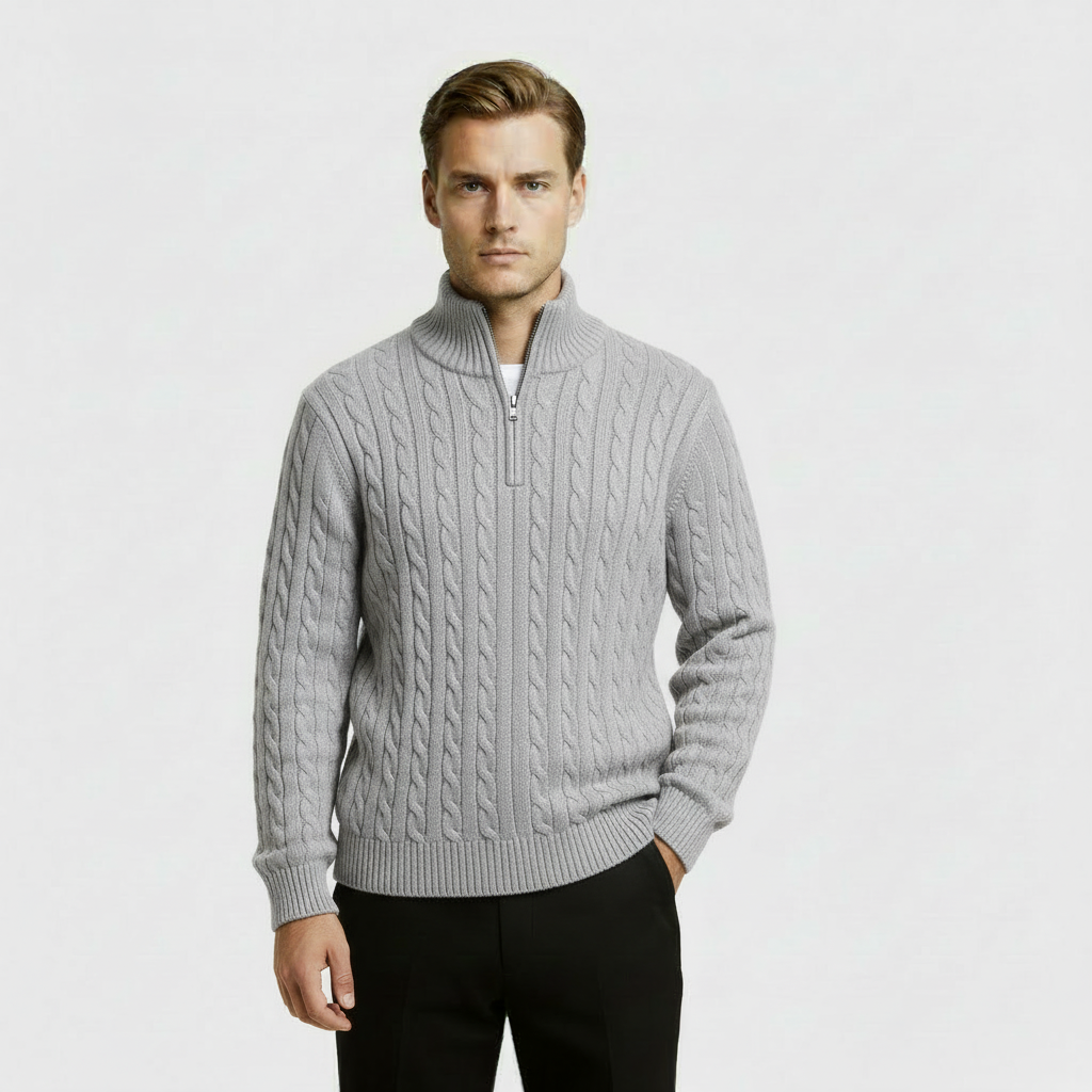 Classic Cable Knit Sweater for Men | Zip-Up High Neck Pullover