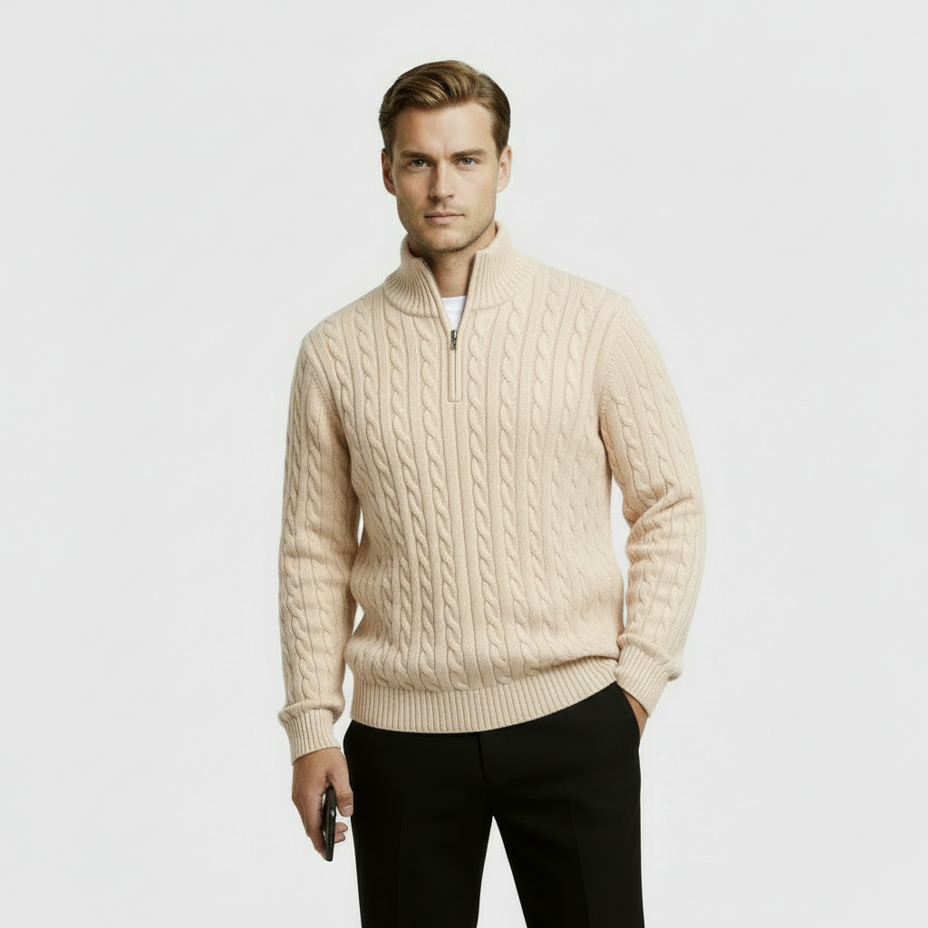 Classic Cable Knit Sweater for Men | Zip-Up High Neck Pullover