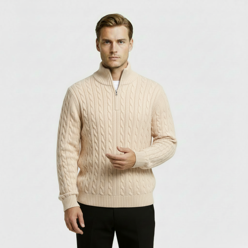 Classic Cable Knit Sweater for Men | Zip-Up High Neck Pullover