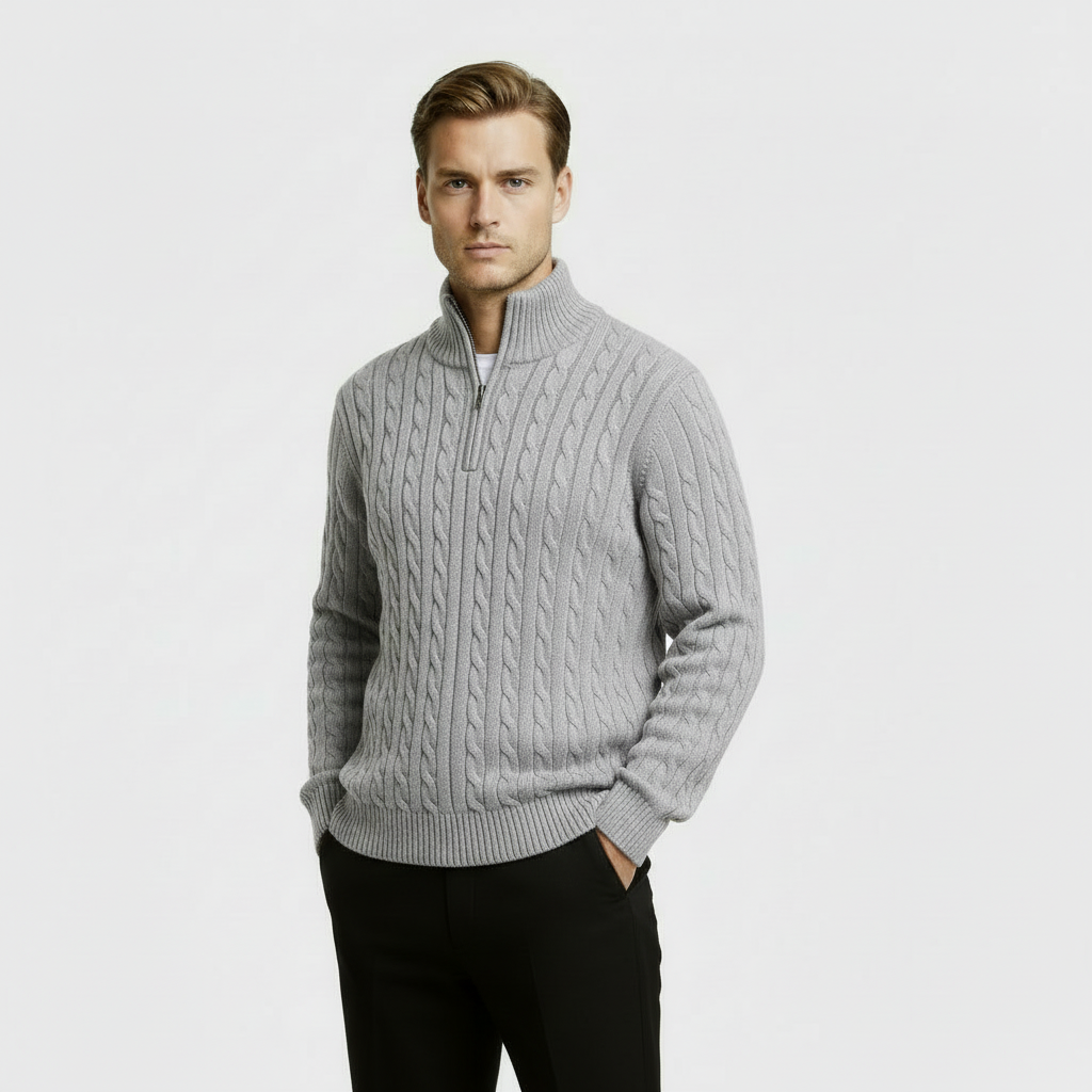 Classic Cable Knit Sweater for Men | Zip-Up High Neck Pullover