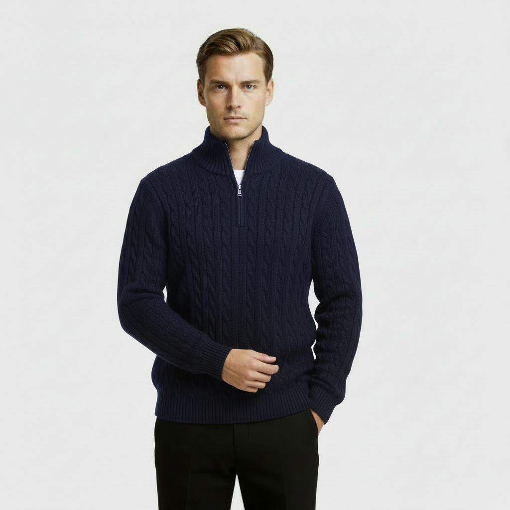 Classic Cable Knit Sweater for Men | Zip-Up High Neck Pullover