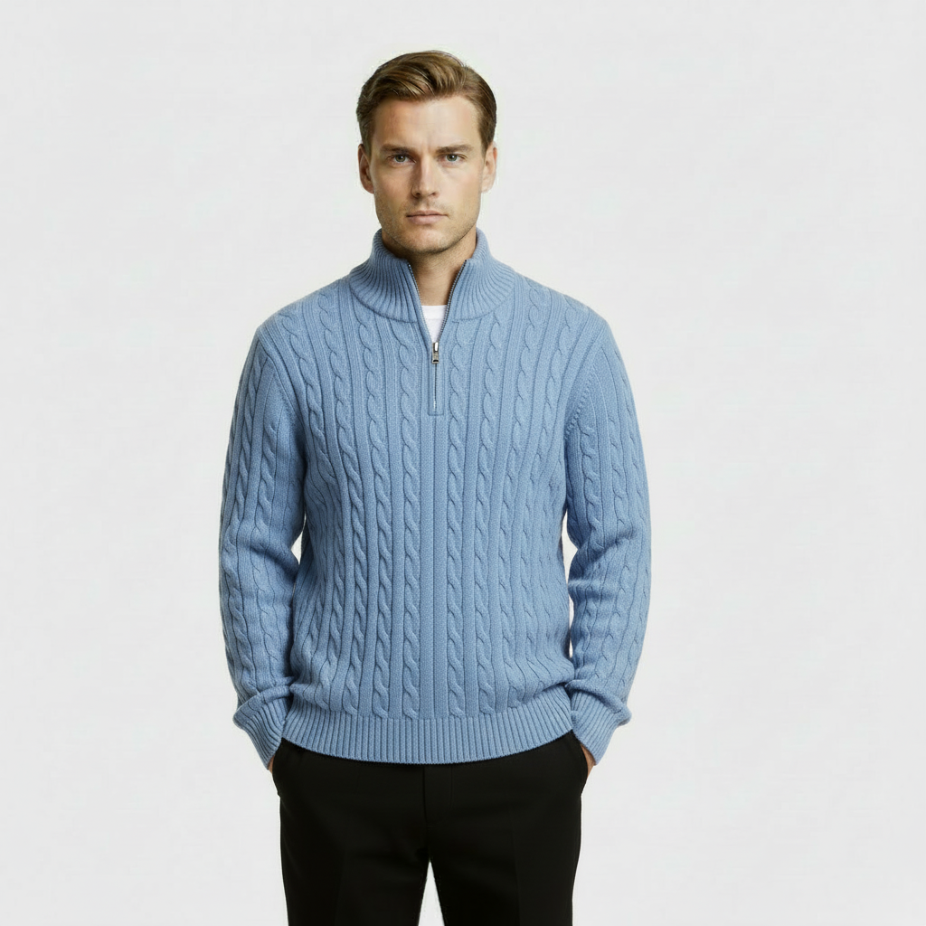 Classic Cable Knit Sweater for Men | Zip-Up High Neck Pullover