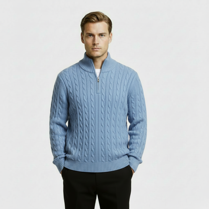 Classic Cable Knit Sweater for Men | Zip-Up High Neck Pullover