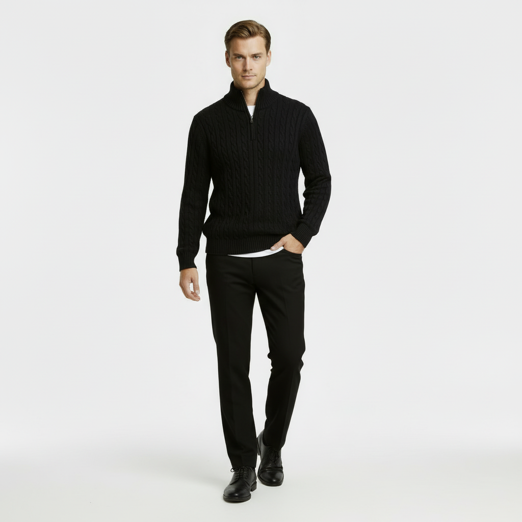 Classic Cable Knit Sweater for Men | Zip-Up High Neck Pullover