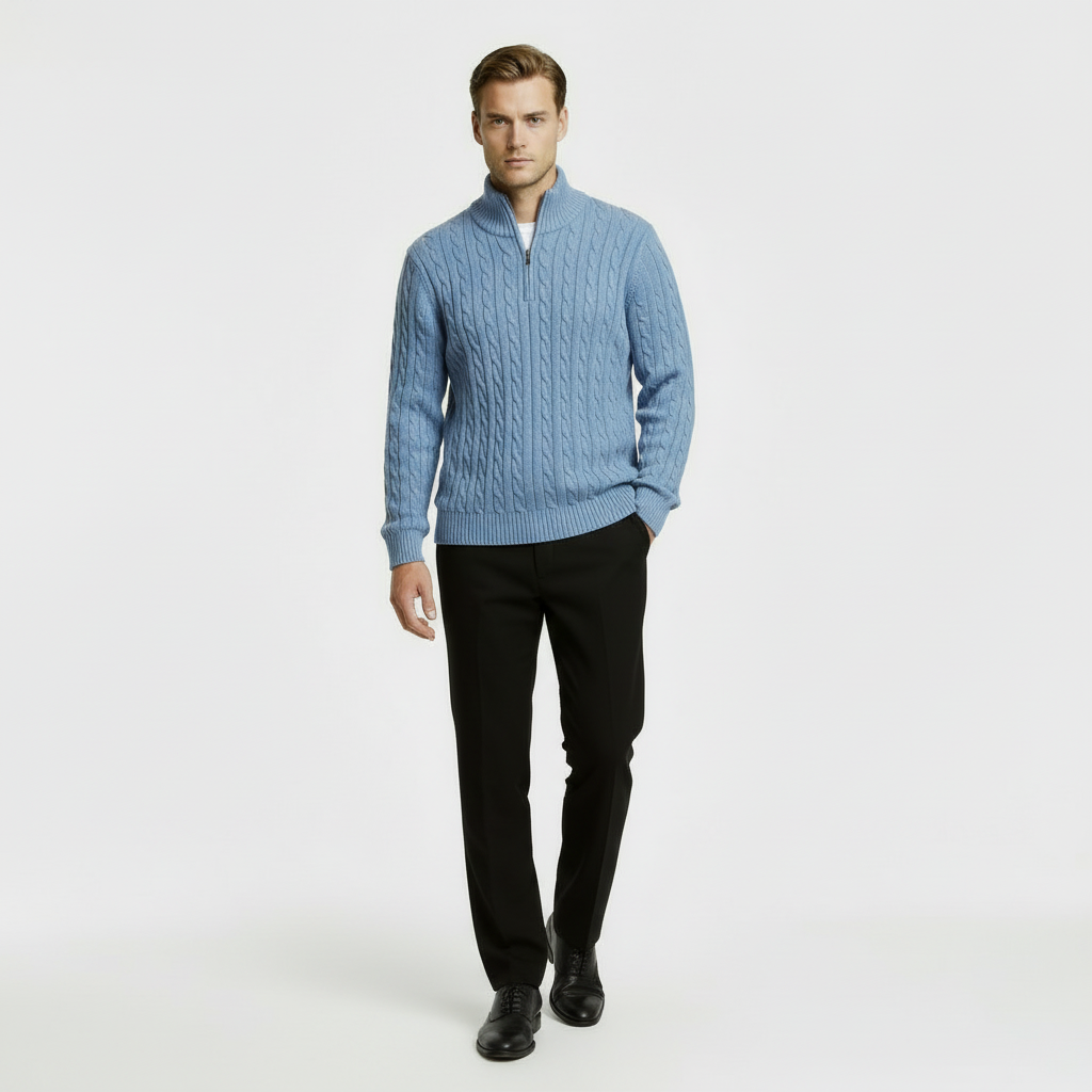 Classic Cable Knit Sweater for Men | Zip-Up High Neck Pullover