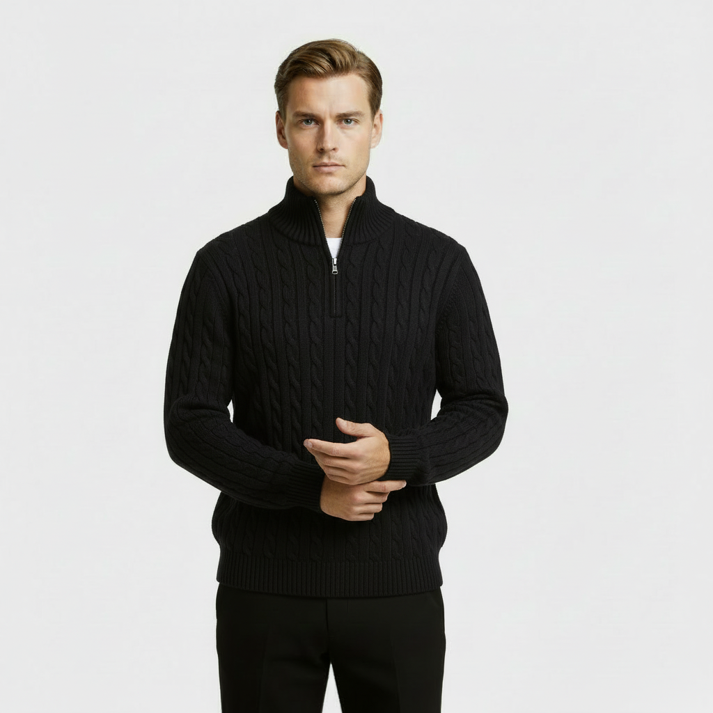 Classic Cable Knit Sweater for Men | Zip-Up High Neck Pullover