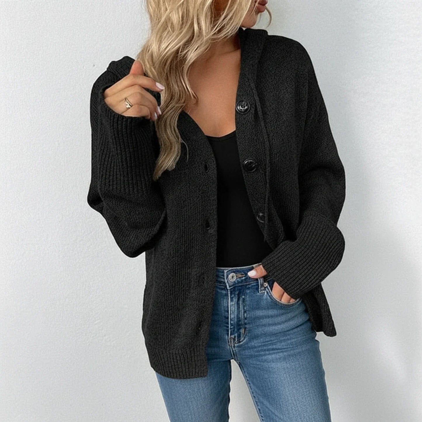 Casual Hooded Knit Cardigan for Women | Button-Up Relaxed Fit