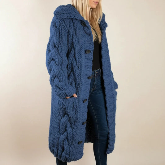 Cozy Cable Knit Hooded Cardigan Coat | Long Button-Up Design