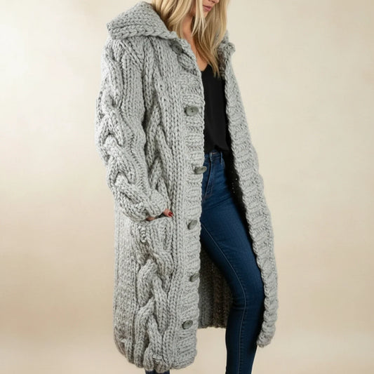 Cozy Cable Knit Hooded Cardigan Coat | Long Button-Up Design