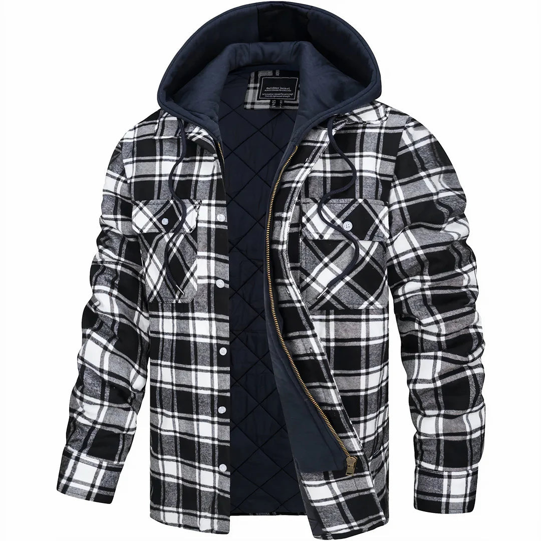 Plaid Hooded Jacket for Men | Layered Zip & Button Design