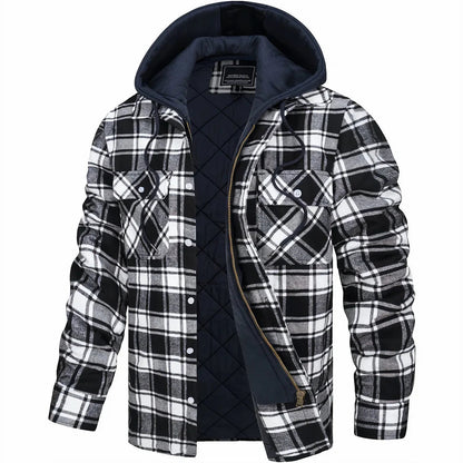 Plaid Hooded Jacket for Men | Layered Zip & Button Design