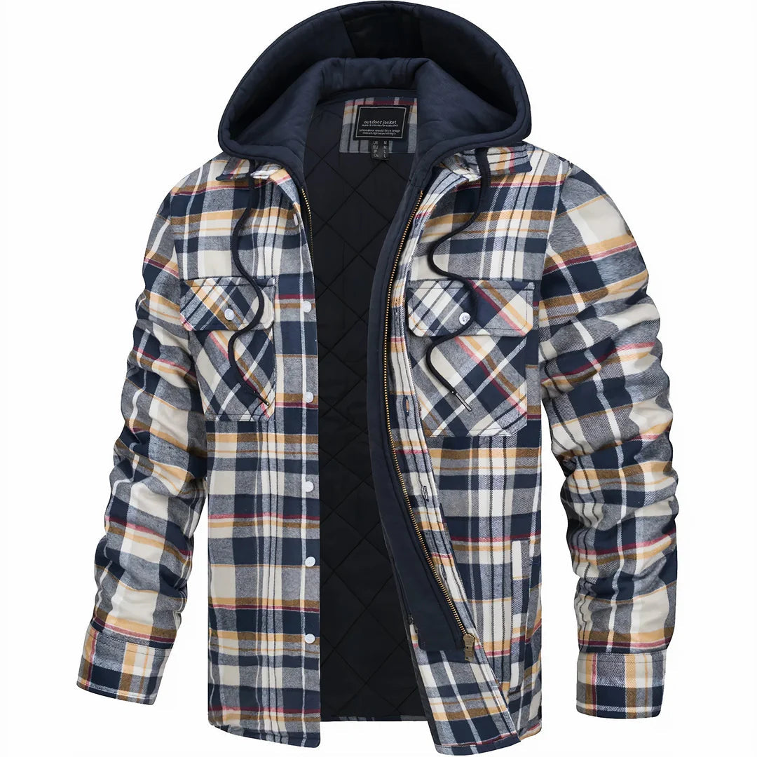 Plaid Hooded Jacket for Men | Layered Zip & Button Design