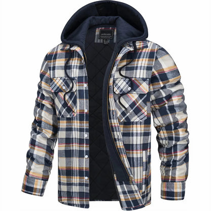 Plaid Hooded Jacket for Men | Layered Zip & Button Design