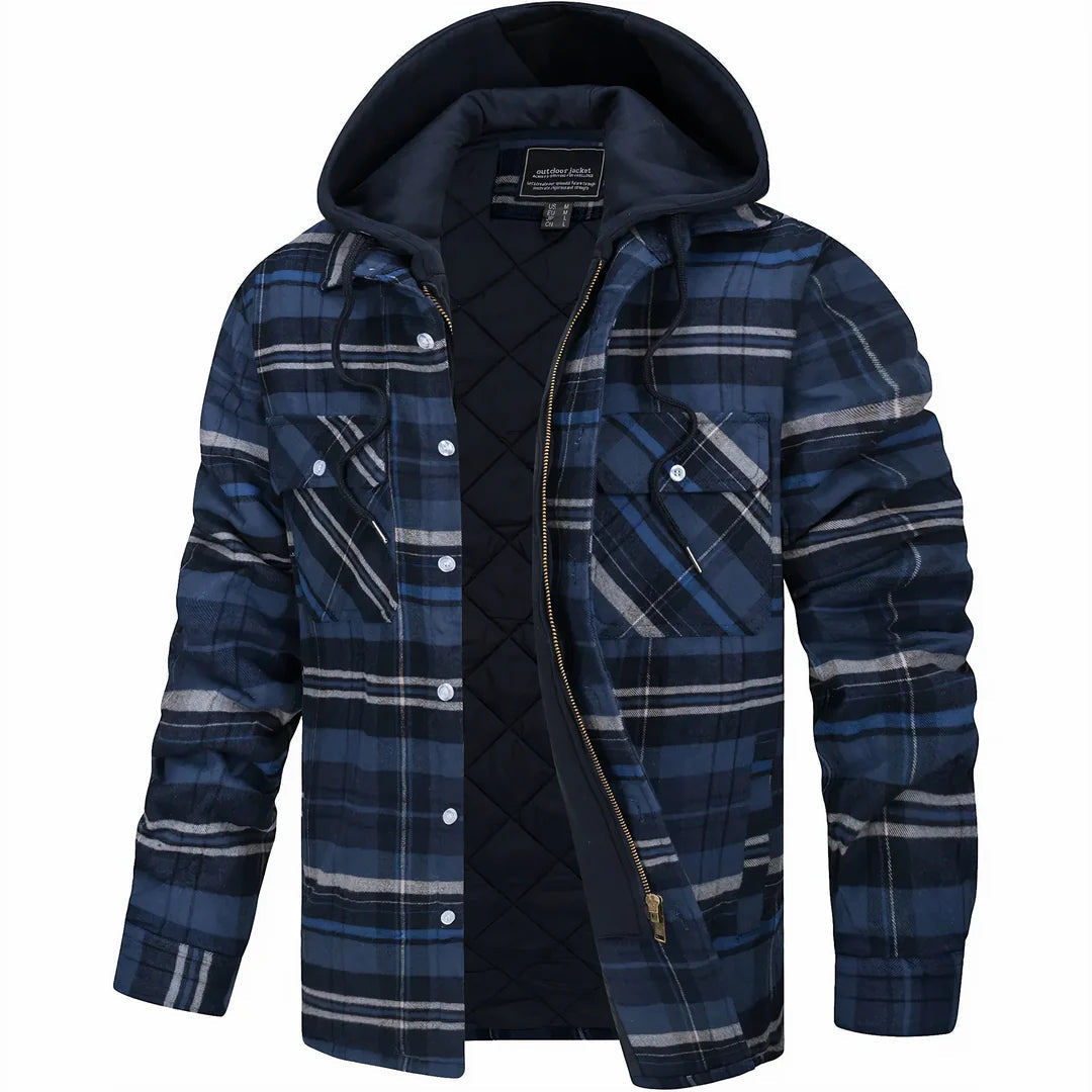 Plaid Hooded Jacket for Men | Layered Zip & Button Design